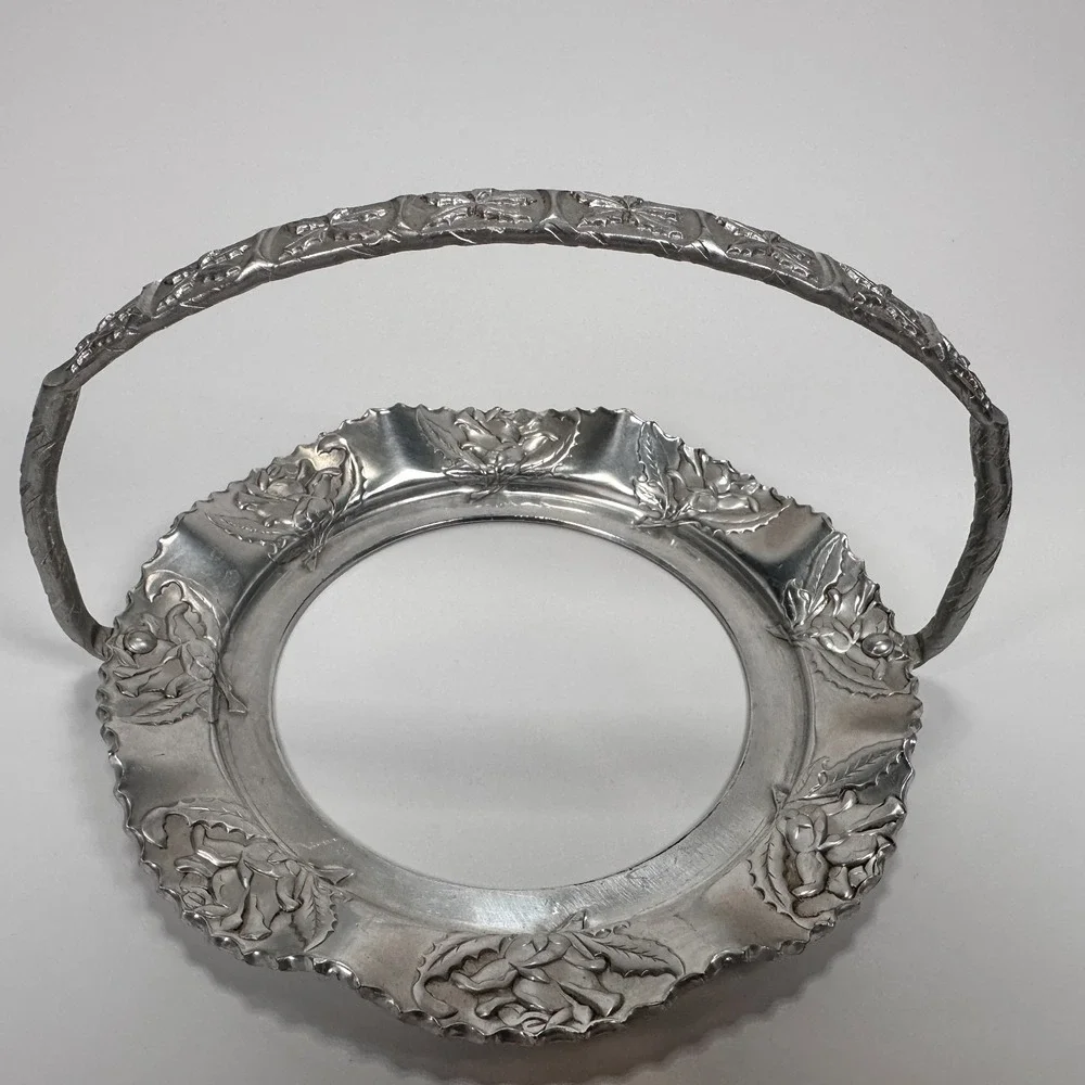 VTG Hand Wrought Hammered Aluminum Server Divided Glass Dish w/ Handle Floral 7
